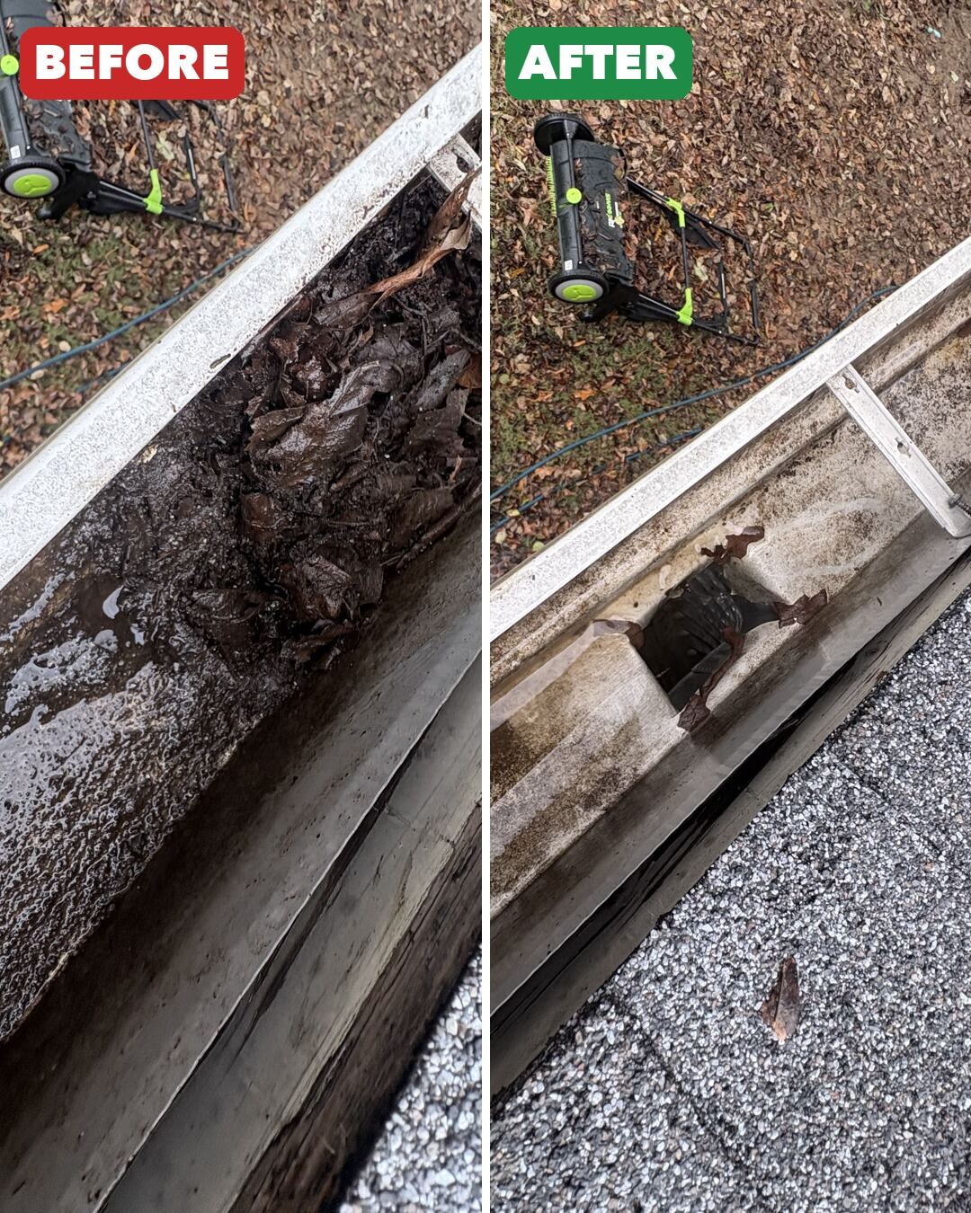 Gutter cleaning before and after in DeSoto County, MS